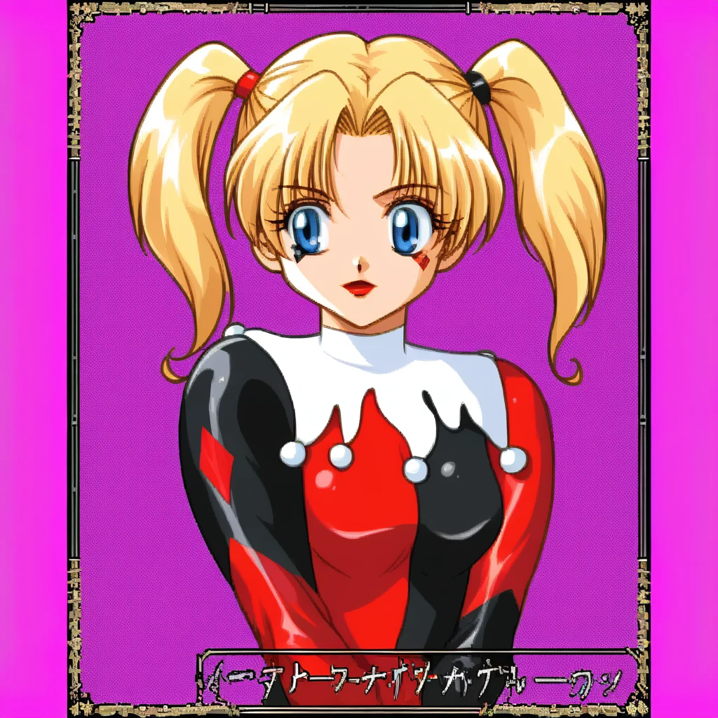 KichikuouRncStyle, purple background, simple background, retro artstyle, upper body,source_dc,harley quinn, <lora:KichikuouRncPortraitStyle_Pony-000009:0.8>