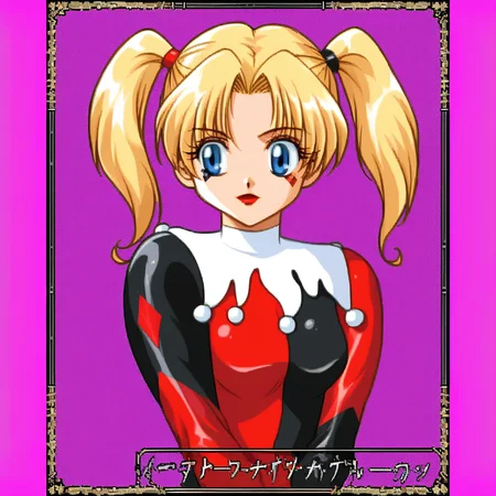 KichikuouRncStyle, purple background, simple background, retro artstyle, upper body,source_dc,harley quinn, <lora:KichikuouRncPortraitStyle_Pony-000009:0.8>