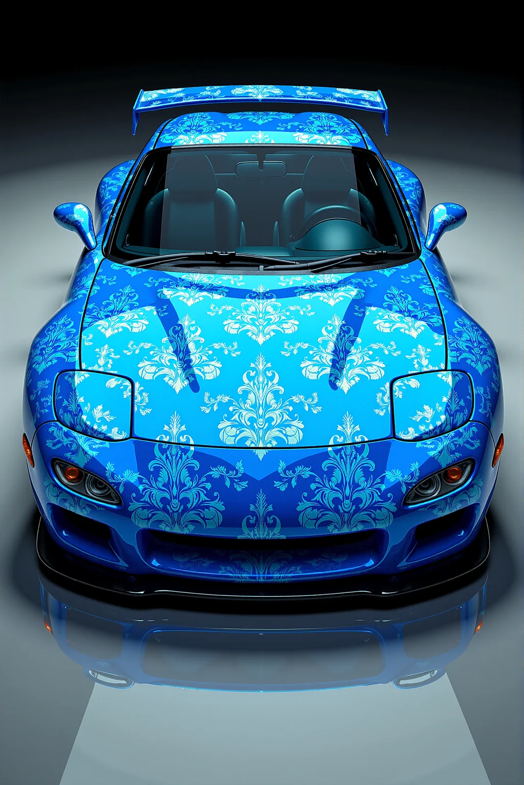 <lora:Ornamental_Patterns:0.8> OrnamentalPatterns style.
A sleek, modified sports car Mazda RX-7 is wrapped in a full-body seamless damask pattern featuring light blue motifs over a darker blue base. The ornamental units are symmetrically mirrored, composed of floral cores and curling leaf flourishes, forming a grid that flows across the aerodynamic curves of the carâs bodywork. The pattern is applied with high surface fidelity, retaining sharpness and vector alignment along the hood, doors, and fenders. The glossy finish of the car reflects ambient light, creating subtle depth between the layers of pattern and surface. Styled in hyper-real automotive rendering, the image emphasizes ornamental coverage with crisp clarity and technical detail.