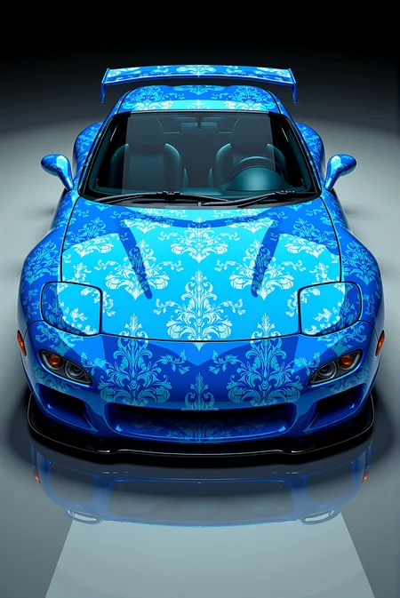 <lora:Ornamental_Patterns:0.8> OrnamentalPatterns style.
A sleek, modified sports car Mazda RX-7 is wrapped in a full-body seamless damask pattern featuring light blue motifs over a darker blue base. The ornamental units are symmetrically mirrored, composed of floral cores and curling leaf flourishes, forming a grid that flows across the aerodynamic curves of the carâs bodywork. The pattern is applied with high surface fidelity, retaining sharpness and vector alignment along the hood, doors, and fenders. The glossy finish of the car reflects ambient light, creating subtle depth between the layers of pattern and surface. Styled in hyper-real automotive rendering, the image emphasizes ornamental coverage with crisp clarity and technical detail.