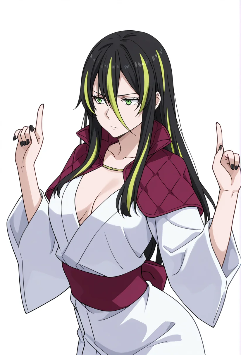 Smooth Quality,masterpiece,very intricate, high quality details, ultra realistic, high detailed skin,detailed enviorement,absurdres,
simple background, white background, 
arched back, Middle of spine pushed forwards,sulking,pointing up,
 <lora:Albiscnn:0.8> albiscnn,1girl,long hair,hair between eyes, medium breasts, green eyes, streaked hair, 
japanese clothes,white kimono, sash,red capelet, long sleeves,  sleeves,black nails,
