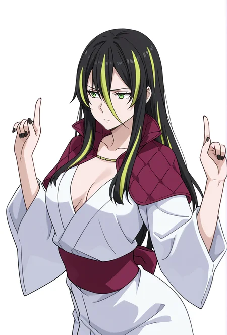 Smooth Quality,masterpiece,very intricate, high quality details, ultra realistic, high detailed skin,detailed enviorement,absurdres,
simple background, white background, 
arched back, Middle of spine pushed forwards,sulking,pointing up,
 <lora:Albiscnn:0.8> albiscnn,1girl,long hair,hair between eyes, medium breasts, green eyes, streaked hair, 
japanese clothes,white kimono, sash,red capelet, long sleeves,  sleeves,black nails,