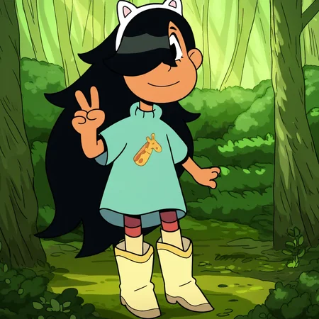 score_9, solo, maney_cotc, black hair, long hair, fake animal ears, shirt, hair over one eye, boots, cute, forest, natural lighting, v