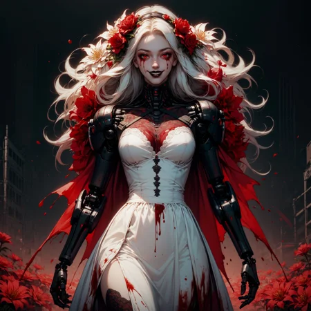 (score_9, score_8_up, score_7_up, zPDXL),
BREAK
(outdoors:1.0), (tall flowers:1.1), (lycoris flower:1.0), (red spider lily flower:1.0),
BREAK,
(cowboy shot:1.1), (1girl:1.0), (white hair:1.1), (white dress:1.1), (sadistic:1.0), (evil:1.0), (sinister:1.0), (hysterical:1.1), (smiling:1.0), (psycho:1.1), (bloodstains:1.1), (blood splatter:1.1), (covered in blood:1.2), (blood:1.2), (CryingBlood:1.0), (looking at viewer:1.0), black lipstick, red skinhighly detailed, female focus, robot, cyborg , android, mechanical arms, cybernetic neck, bionic torso, bionic skin
BREAK,
(horror:1.0), (noir:1.0), (red:1.1), (crimson:1.1),
BREAK
thick lineart, sharp edges, cel shading, linear hatching, black and white comic-noir aesthetics, film noir atmosphere, high contrast, duotone,