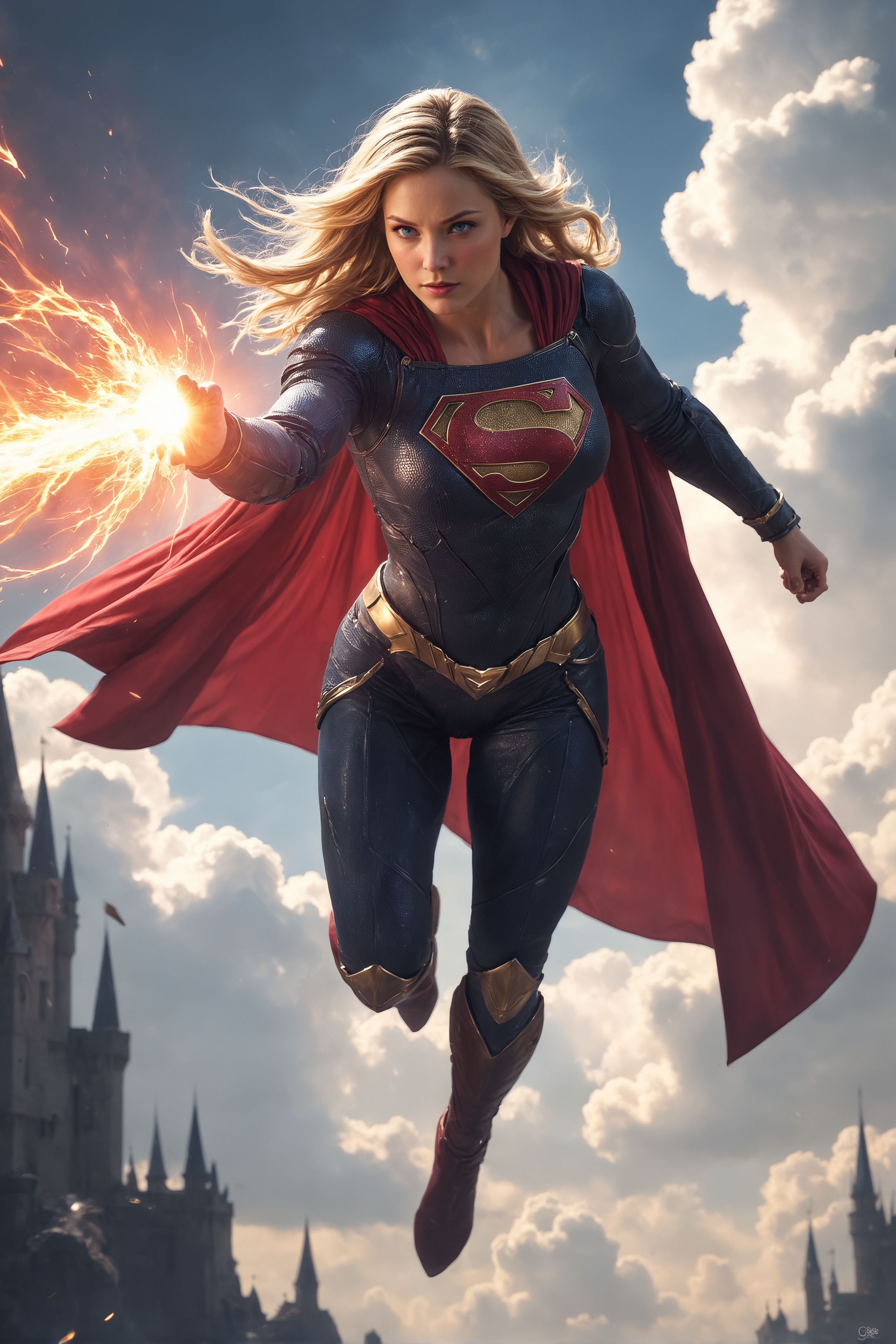 Portrait of Supergirl using heat vision to strike her enemies, flying in the sky,  prepared to strike, wearing full body armor, long blonde hair, blue eyes, (dynamic pose), giant castle, cinematic,<lora:FredFraiStyle-FLUX-Share>