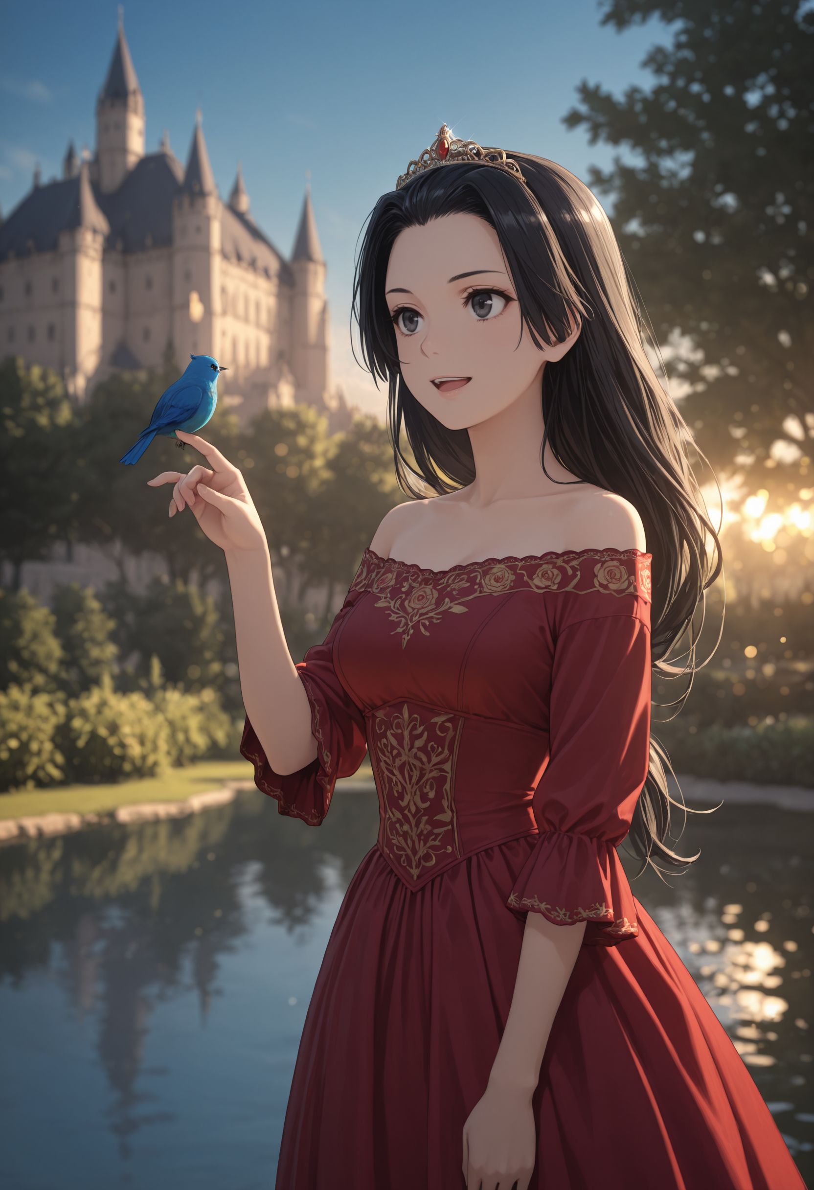 masterpiece,best quality,absurdres,highres,very aesthetic,high quality,detailed,insanely detailed,beautiful,perfect lighting, ,depth of field,blurry background,bokeh, 
 <lora:Kongou Mitsuko illu:1> 1girl, long hair, black hair, black eyes, 
outdoors, castle, garden, red dress, off shoulder, gown, pond, blue sky, smile, tiara, hand up,blue bird on finger, arm at side, looking at animal, open mouth, embroidery,beak