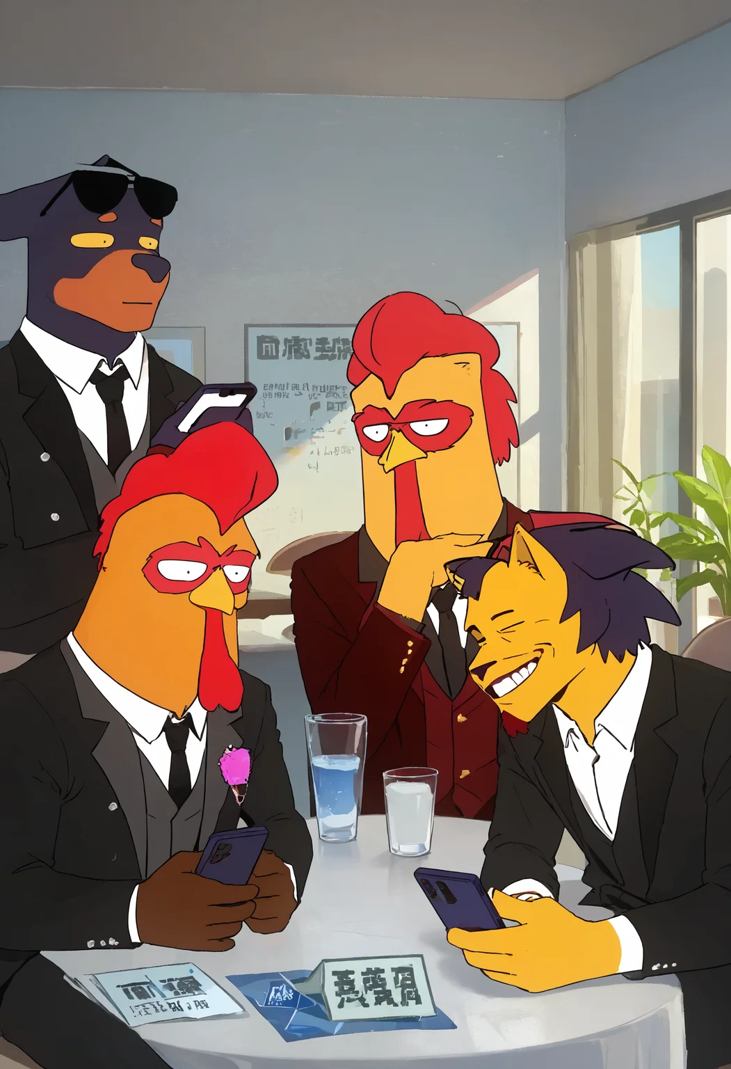 score_9, score_8_up, score_7_up, score_6_up, score_5_up, score_4_up, l0streakchick3n, anthro, r00ster, d0gg0u, br0therli0n, 3boys, suit, chair, sitting on chair, sunglasses on head, table, holding phone,
<lora:lostreak_chickenV2_epoch_6:1>