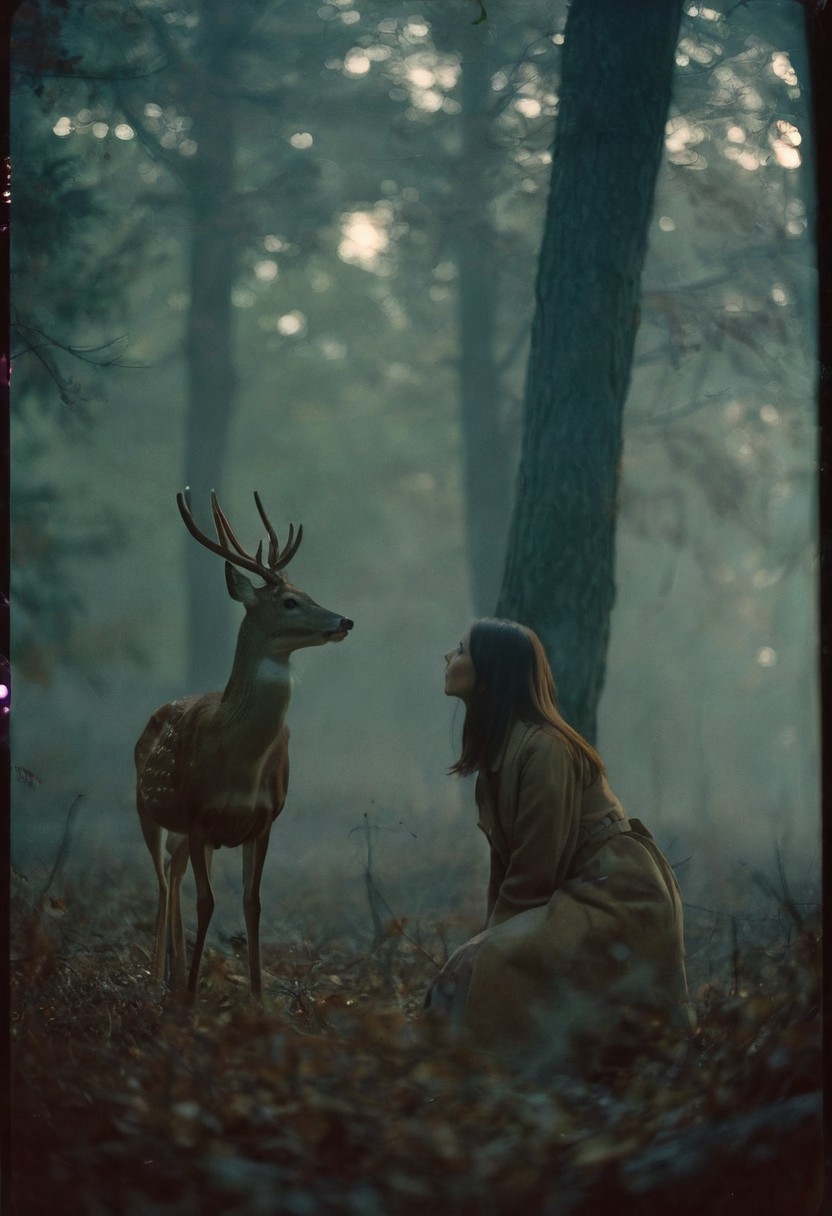 Analog Photo, portrait of woman and deer facing each other, dark autumn forest, mystic lighting, thick fog, shallow depth of field, bokeh, cinemascope, 35mm photo, Kodachrome