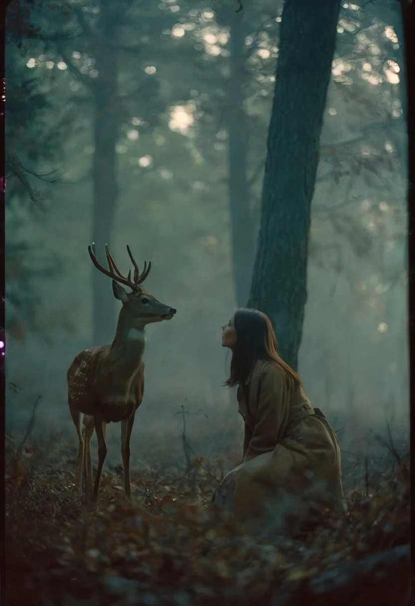 Analog Photo, portrait of woman and deer facing each other, dark autumn forest, mystic lighting, thick fog, shallow depth of field, bokeh, cinemascope, 35mm photo, Kodachrome