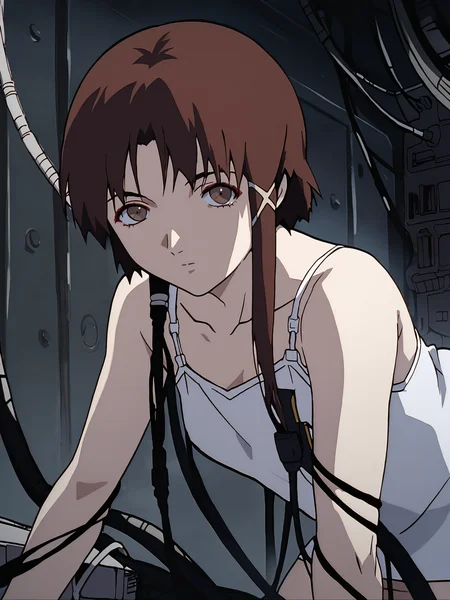 woman, 20 y/o, 20 year old, 20 year old woman, adult, mature, score_7_up, score_8_up, score_9, BREAK masterpiece, high quality, 8k, absurd res, <lora:Lain_PonyXLv3:0.75> iwakura lain, anime screencap, looking at viewer, brown eyes, brown hair, cable, cables in hair, white camisole, dark room, all fours, from side