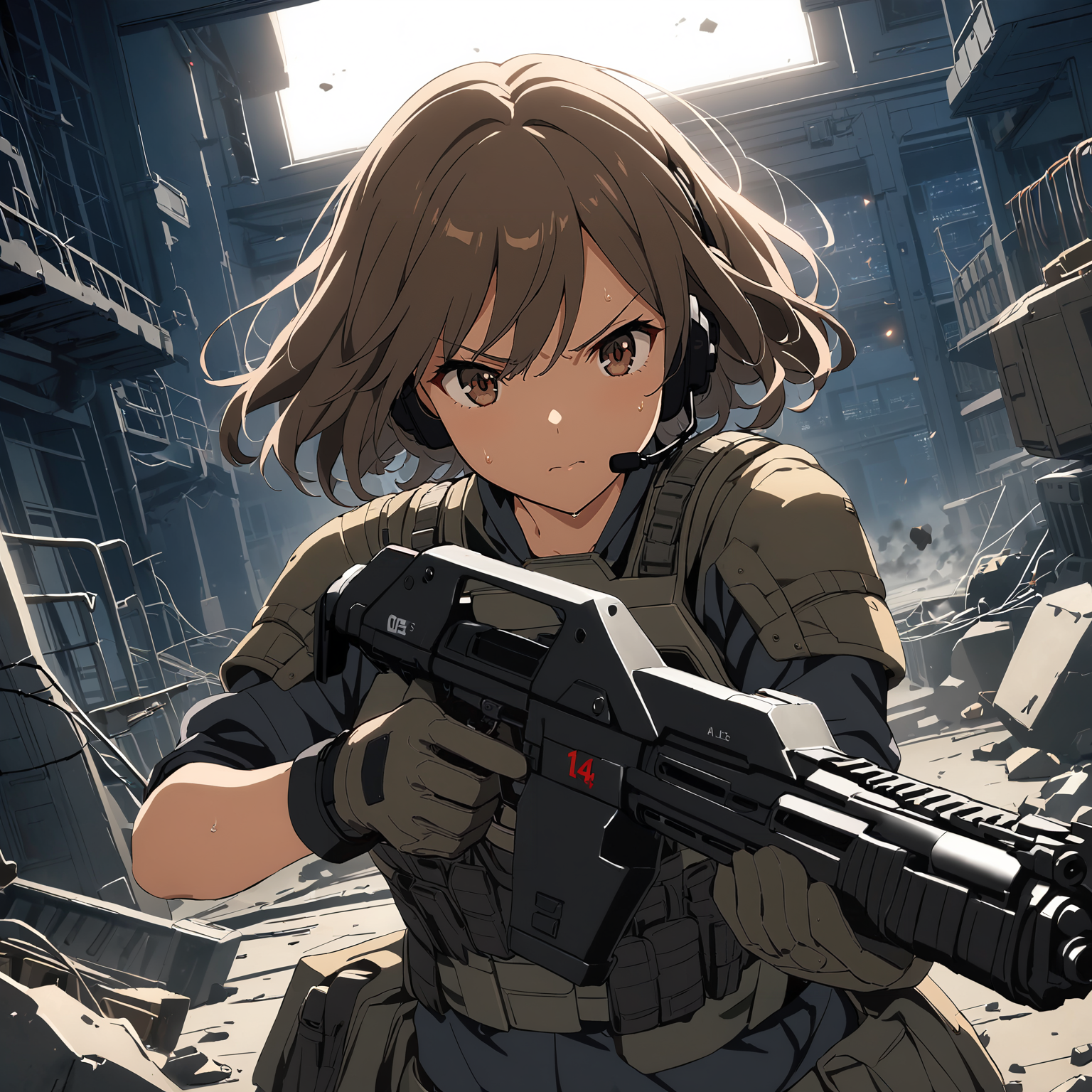 1girl, solo, short hair, brown hair, brown eyes, tactical clothes, body armor, gloves, headset, sweat, serious expression, holding gun, m41apls, aiming, trigger discipline, dutch angle, indoors, dark, night, debris, backlighting, machinery, cable, wire, smoke, (anime screencap:0.9), best quality, masterpiece, <lora:Armat_M41A_Pulse_Rifle_-_Aliens_SDXL:1>, <lora:sdxl2-flat2-512b:-0.5>, <lora:offset_0.2:0.5>, <lora:xl_more_art-full_v1:0.5>, <lora:add-detail-xl:0.5>