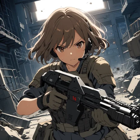1girl, solo, short hair, brown hair, brown eyes, tactical clothes, body armor, gloves, headset, sweat, serious expression, holding gun, m41apls, aiming, trigger discipline, dutch angle, indoors, dark, night, debris, backlighting, machinery, cable, wire, smoke, (anime screencap:0.9), best quality, masterpiece, <lora:Armat_M41A_Pulse_Rifle_-_Aliens_SDXL:1>, <lora:sdxl2-flat2-512b:-0.5>, <lora:offset_0.2:0.5>, <lora:xl_more_art-full_v1:0.5>, <lora:add-detail-xl:0.5>