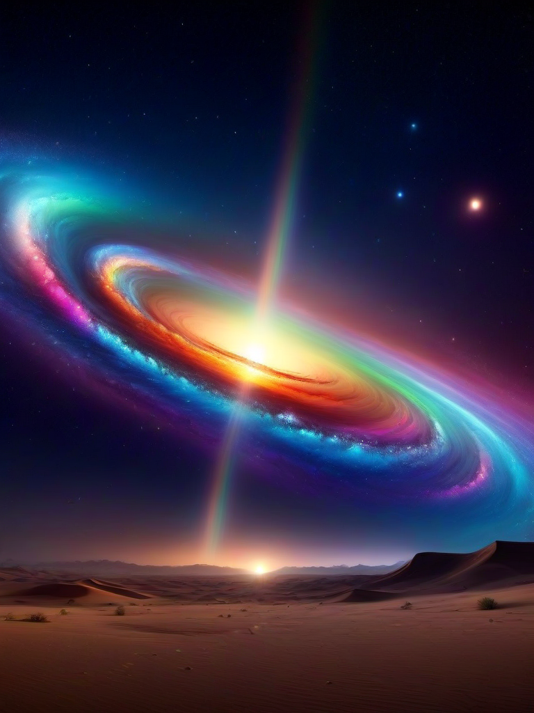 galaxy, (masterpiece), (extremely intricate:1.3), (realistic),a scene of a desert at night, in the sky a rainbow elliptic galaxy, dark scene, realistic, 4k, masterpiece