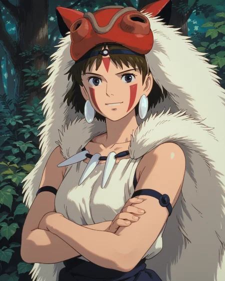 (embedding:zPDXL:1.0), score_9, score_8_up, score_7_up, best quality, source_anime, rating_safe, <lora:Ghibli_1:0.3>ghibli_style, anime_coloring, 1girl, <lora:san_pony_v4:0.8>san, solo, short hair, brown hair, gray eyes, headband, face paint, earrings, white sleeveless top, navy under dress, arm cuffs, fur headdress, fur cape, tooth necklace, mask on head, crossed arms, smile
