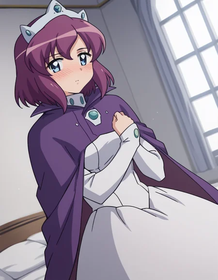 score_9, score_8_up, score_7_up, source_anime,
henriettadetristain, <lora:henrietta-de-tristain-s3-ponyxl-lora-nochekaiser:1>,
henrietta de tristain, short hair, blue eyes, purple hair,
long sleeves, hat, dress, cape, tiara, crown, purple cape, white dress, long sleeves,
indoors, bed, bed room, on side, blush, drunk,
looking at viewer, cowboy shot, solo, dutch angle