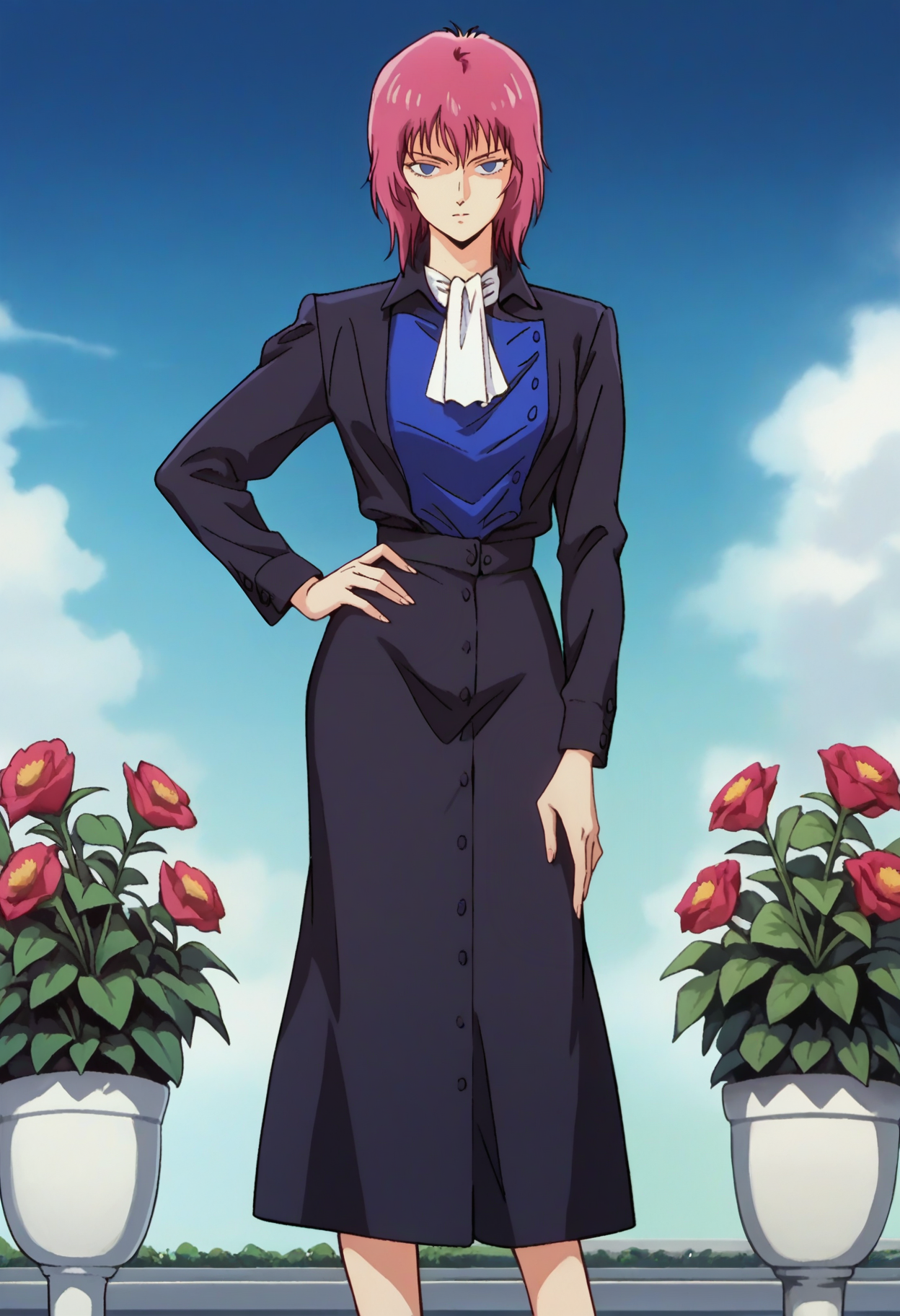 score_9, score_8_up, score_7_up, score_6_up, source_anime, <lora:HamanKarn:0.7>, HamanKarnSOL, pink hair, medium hair, blue eyes, empty eyes,
white ascot, dress, formal, white footwear, 
looking at viewer, hand on own hip, solo,
BREAK, blue sky, flower, garden,