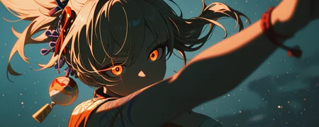 masterpiece, best quality, amazing quality, very aesthetic, absurdres, highres, newest, HDR, 8K, high detail, smooth shading, glossy surfaces, high contrast, depth color, dak depth, depth, colorful lighting, dark field, clear, vivid deep blacks,
1girl, yoimiya \(genshin impact\), orange eyes, blonde hair, fox ears, upper body, (eye trail), dutch angle, dynamic pose, battle night, chromatic aberration, cinematic composition, blurry foreground, blurry background,
