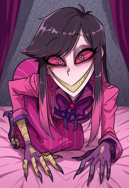 Alastoria, pink hair, pink eyes, pink peacoat, bowtie, long skirt, pink skirt, pink high heels, purple gloves, 748cmstyle, easynegative, smile, looking at viewer, smiling, seductive, teasing, flirting, grin, crawling on bed, momocreepypasta, long hair, black hair, black eyes, wide eyed, wide smile, scuted arms, scuted legs, scutes, bird claws, talons
