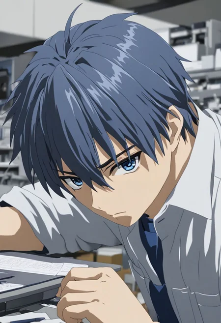 Anime Style, easynegative, detailed_eye_model, Highres, Masterpiece, High Quality, 4K, 8K, solo, 1boy, Tomoya Okazaki, Deep Blue Eyes, Grey Blue Hair, worker, workspace, concentration, high focus, high activity, profession, professional,