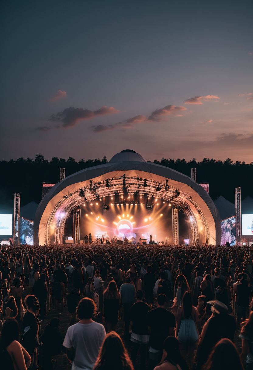 photo of a trendy music festival, featuring stylish stages, modern decor, hip attendees, creative installations, and lively performances, during spring, in the evening ,Masterpiece,best quality, raw photo, realistic, very aesthetic