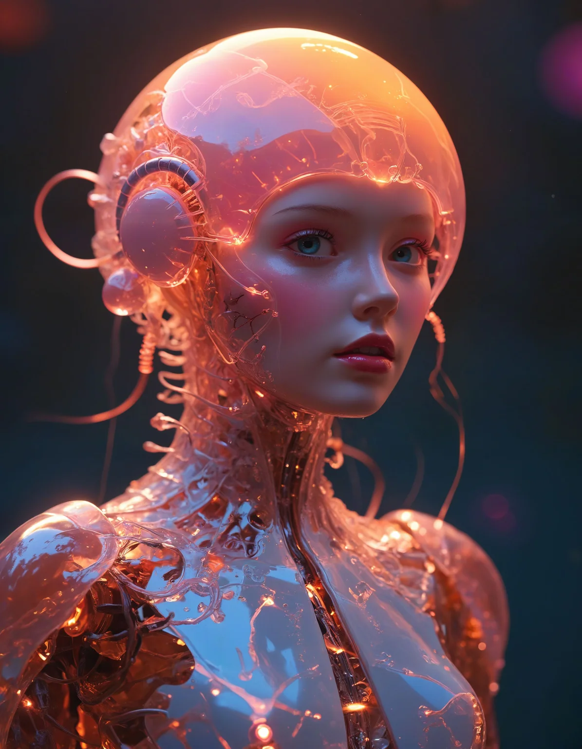 a bioengineered creature with glowing bioluminescent patterns, blending organic and technological elements, transient, striking, humanoid, by Black Tape Project, NHK Animation, by Andrew Ferez, Bubblegum Pink hue, highly dramatic lighting
<lora:xl_more_art-full_v1:0.5> <lora:MJ52:0.5>