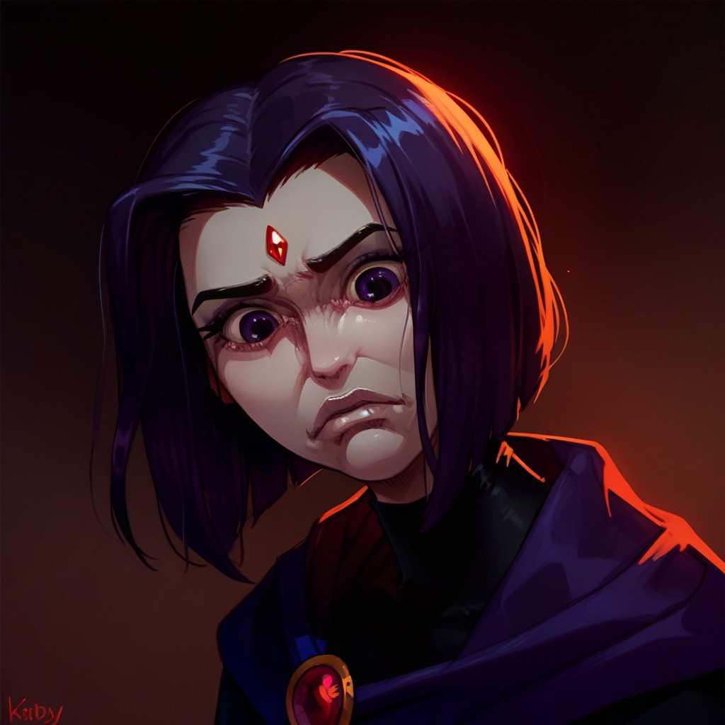 (score_9, score_8_up, score_7_up), Raven (titans), 1girl, solo, YelenaFacePrdy, shaded face, closed mouth