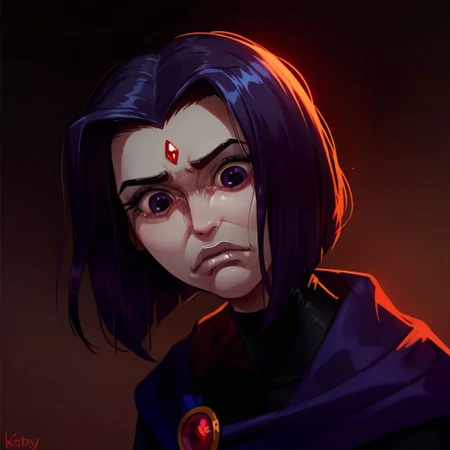 (score_9, score_8_up, score_7_up), Raven (titans), 1girl, solo, YelenaFacePrdy, shaded face, closed mouth