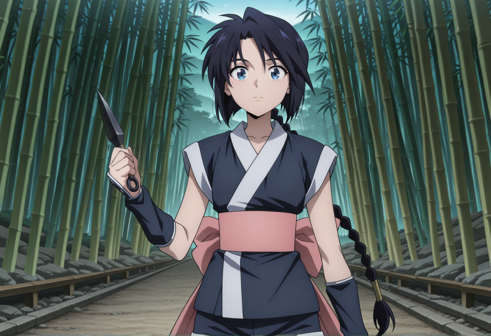 anime screencap, anime screenshot, anime coloring, 1girl, long hair, black hair, blue eyes, braid, ninja, sleeveless, obi, ribbon, shorts, arm warmers, holding kunai, outdoors, bamboo forest  <lora:miaso_illus:1>, masterpiece, best quality, amazing quality, very aesthetic, absurdres, highres, newest