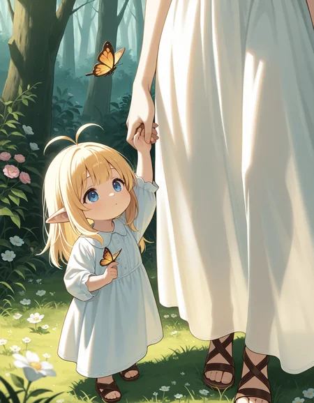 (masterpiece, best quality), 2girls, height difference, out of frame, chibi, holding hands, pointy ears, blue eyes, light blush, arm up, butterfly on hand, outdoors, grass, flower, leather sandals, white dress, long dress, blonde hair, mother and daughter, bangs, antenna hair, forest, nature, cute,