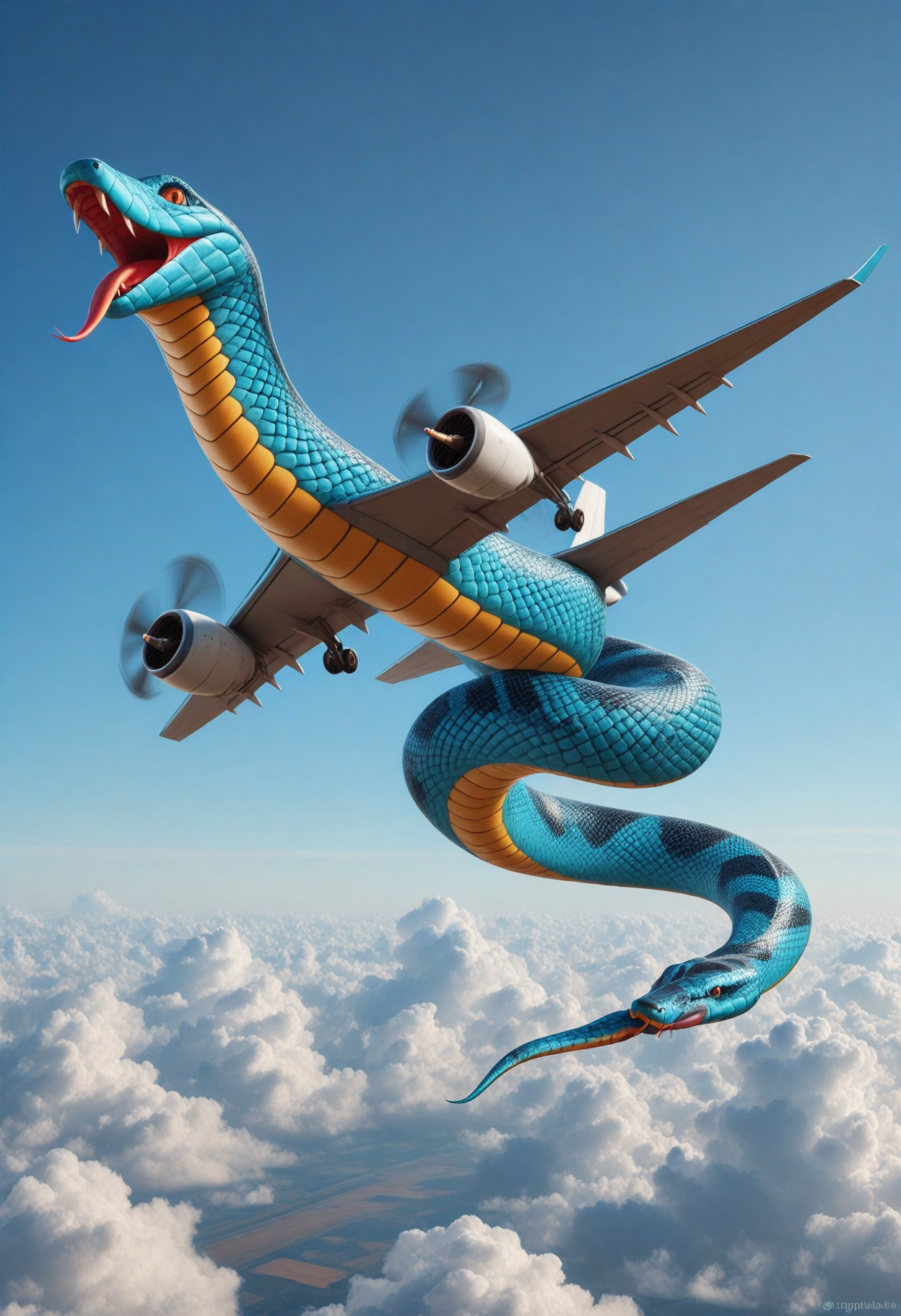 masterpiece, best quality, amazing quality, snakeplane aircraft, scales, fangs, tongue, flying, sky