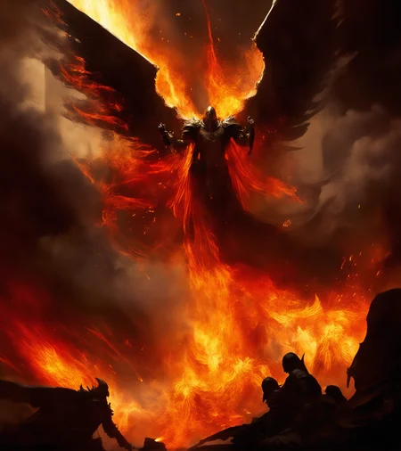 A perfect photograph of an angel floating in the air with  eyes made of fire.
(He has large wings extending from his back. The symmetrical wings are menacing; they are spread wide and  are in intense dark yellow and red flames. )
Several people can be seen on the ground looking up at the central figure or pointing in its direction.
Clouds of smoke mingle with the flames and amplifying the intensity.
The picture is photographed in a monochromatic scheme, mainly with shades of black, white and gray.
(intricate details, insane details, highly detailed, ultra high quality, sharp focus, high contrast, best shadows, soft lighting, dark artificial light, volumetric lighting, cinematic lighting, epic cinematic, 8k UHD, RAW photo, film grain, denoise, photorealistic, photo realism, long shot, centered:1.4)