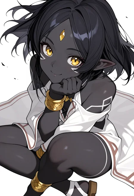 Smooth Quality,masterpiece,beautiful aesthetic, very intricate, high quality details, ultra realistic, high detailed skin
simple background, white background,
from above,sitting pose, legs crossed, one hand resting on chin, playful smile, relaxed shoulders,  ,:o,
wind,
<lora:ZadirisCnn:0.8> Zadiris/cnn, zadiris/evo, 1girl, pointy ears, facial mark, bare shoulders,short hair, tattoo, forehead jewel, bracelet
dress, sandals,yellow eyes, thighs, small ass, 
black hair, black skin, colored skin,