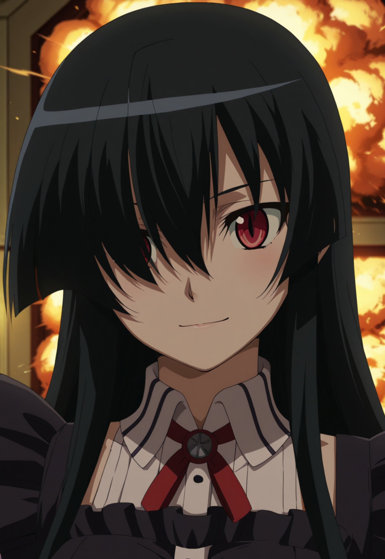 akame, long hair, black hair, red eyes, slit pupils, hair over one eye, depth of field, blurred background, dramatic lighting, simple background, sexy pose, explosion,, portrait, girl, black maid uniform, white stockings, black moccasins, soft smile, in a mansion,