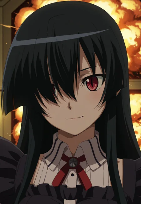 akame, long hair, black hair, red eyes, slit pupils, hair over one eye, depth of field, blurred background, dramatic lighting, simple background, sexy pose, explosion,, portrait, girl, black maid uniform, white stockings, black moccasins, soft smile, in a mansion,
