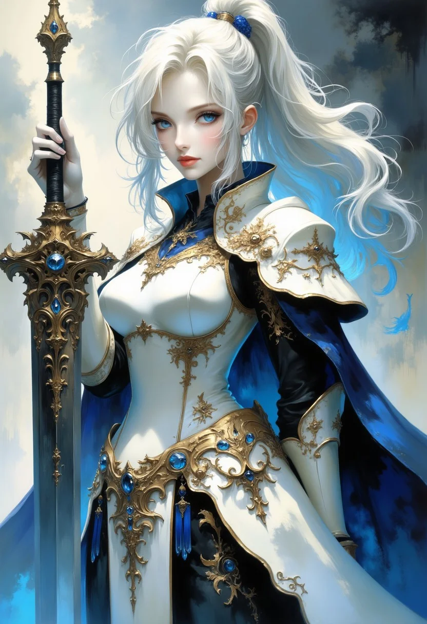 heavy hair, cool hair, super huge gigantic enormous normal sized flexible sagging bosom,an anime image of a beautiful girl with white armor holding a sword, 1girl, solo, weapon, sword, white hair, holding, looking at viewer, blue eyes, holding sword, holding weapon, ponytail, long hair, gloves, closed mouth, shoulder armor, armor