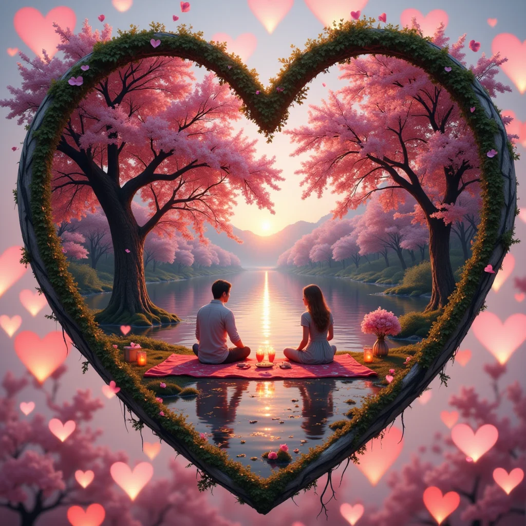 A hyper-realistic close-up of a heart. Inside the heart, a romantic landscape is seen, showing a quiet riverside scene at sunset, with a couple enjoying a romantic picnic on a colorful blanket with a little heart print. The surrounding cherry blossoms are reflected in the calm water, their heart-shaped leaves whispering softly in the breeze. A few red candles flicker nearby, casting a warm, golden light across the scene., <lora:Flux_Lora\boFLUX Double Exposure Magic v2.safetensors:0.5:0.5> <lora:Flux_Aidma\aidmaLOVEboost-FLUX-V0.1.safetensors:0.5:0.5>