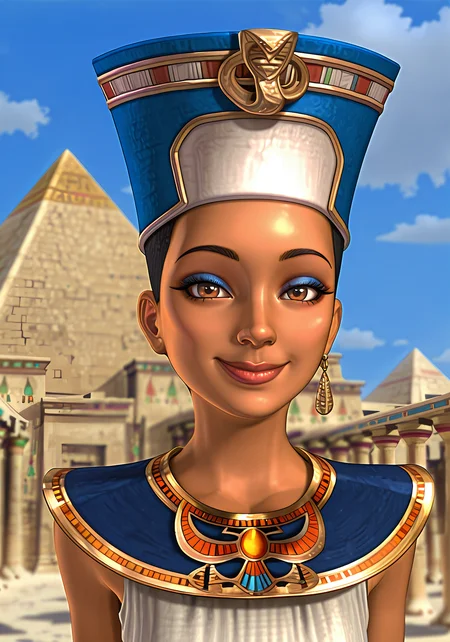 absurdres, 8k, high resolution, masterpiece, best quality, absolutely fantastic art, amazing quality, very aesthetic, <lora:civ4>, civ4, civhat, 1girl, solo, looking at viewer, smile, short hair, black hair, hat, brown eyes, jewelry, upper body, earrings, outdoors, sky, day, dark skin, necklace, blurry, dark-skinned female, lips, makeup, piercing, lipstick, eyeshadow, realistic, very short hair, pyramids, egypt