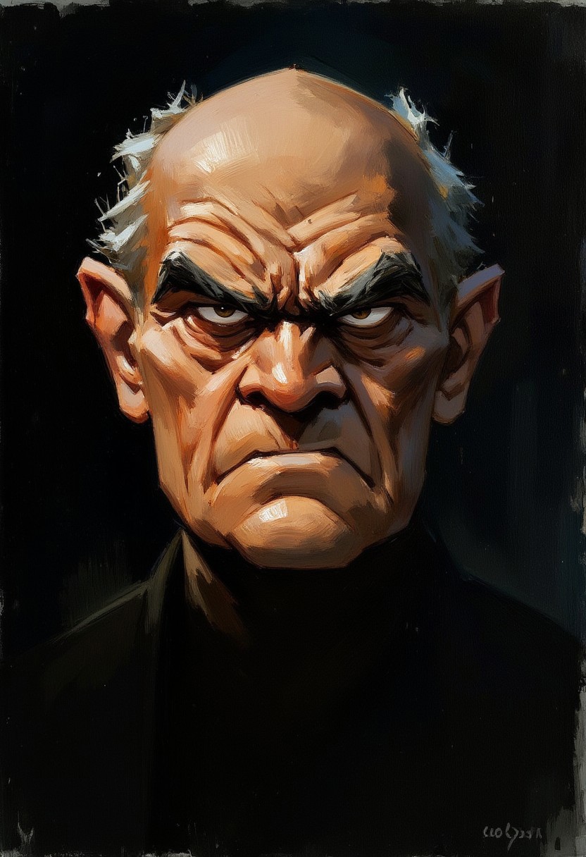 close-up oil painting portrait rendered in a loose, impressionistic style with thick, expressive brush strokes. It depicts a grumpy old man frowning and furrowing his eyebrows. the background is black, and he is covered in darkness.
