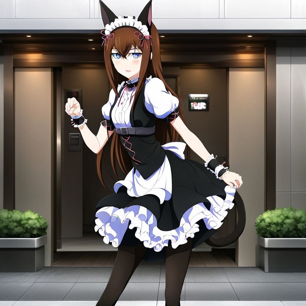 anime style , maid outfit , A cute and beautiful image of Makise Kurisu in maid outfit making a cat pose , ribbon , sexy legs , naughty pose