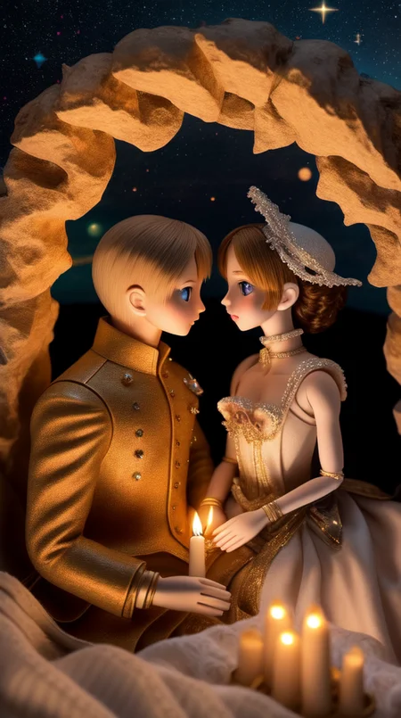 Meteor shower in a starry sky, a couple sitting together looking at the stars, masterpiece, best quality, intricate detail, absurdres, professional photography, soft lighting, tone mapped, highly detailed, sharp focus, dramatic lighting, intricate details, cinematic, 8K, incredible shadows, realistic, (highly detailed background:1.0), <hypernet:char_DollfieCute:0.8>, Ruchona Dollfie