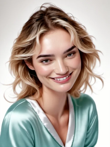 1girl, realistic, blond,
portrait, smile, wearing satin pajamas, white background, looking at us,
 <lora:abbie-synth-xl-lora-1:1>