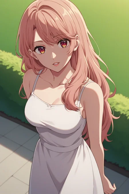 score_9, score_8_up, score_7_up, source_anime, 1girl, prefect lighting, very aesthetic, intricate details, highly detailed background, masterpiece, high quality, prefect hands, best quality, solo,
<lora:Miyako_Saitou_Oshi_No_Ko_V1:.85>, KJOmiyako, swept bangs, peach hair, red eyes, long hair,
sundress, bare shoulders,
arms behind back, seductive smile, parted lips, head tilt, from above,
park, sunset,
(Beautiful, medium Breasts:1.2), natural breasts,
