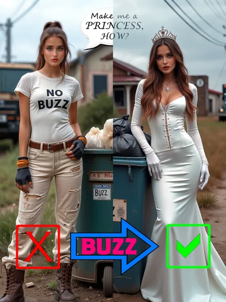 cinematic film still two women in white dresses standing next to a trash can with a no buzz sign on it and a green arrow pointing to the right, Dom Qwek, vfx, a poster, futurism . shallow depth of field, vignette, highly detailed, high budget, bokeh, cinemascope, moody, epic, gorgeous, film grain, grainy