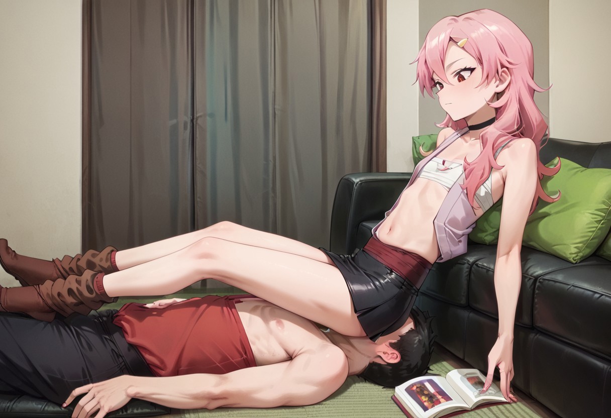 score_9,score_8_up,score_7_up,score_6_up,score_5_up,score_4_up,score_anime, only two persons,
best quality,absurdres,Cinematic Lighting, ev1prncs, Expressiveh, benisumomo, long hair, hair ornament, red eyes, pink hair, hairclip, flat chest, navel, japanese clothes, choker, black choker, sarashi, chest sarashi, black skirt, brown socks, faceless man lying on the floor, faceless man's head on sofa, girl's legs lie on faceless man's body, sitting on face, 1Girl, Human_Chair, 1Man, read book, her legs straight, femdom, face in ass, sits straight, side view, ass smothering, full length, she doesn't notice him, facesitting, skinny, thoughtful face,