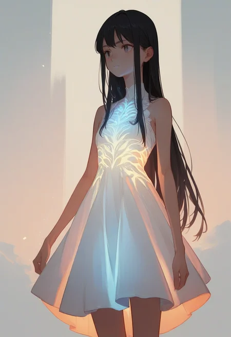score_9, score_8_up, score_7_up, score_6_up, source_anime, <lora:laser_light_clothes_v0.5-pony:1>
1girl, black hair, long hair, 
glowing dress, short dress, cowboy shot, white dress,