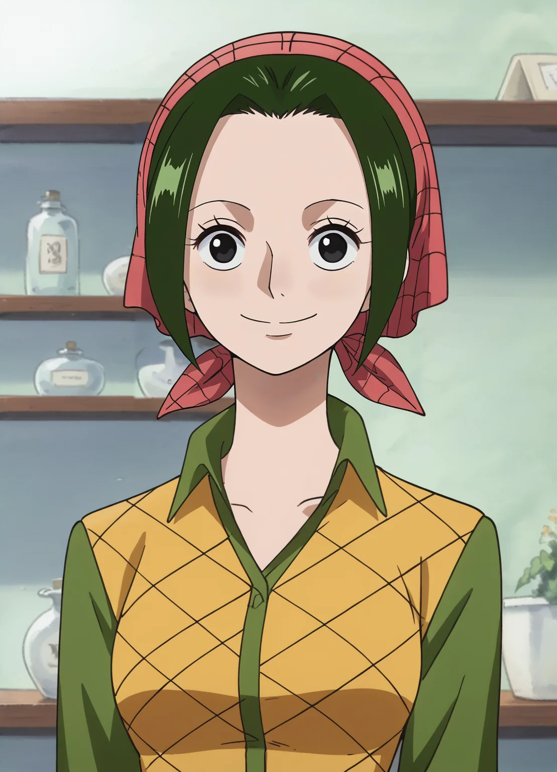 <lora:Makino-One_Piece:0.8>,makino,1girl,solo,short hair,green hair,black eyes,bandana,shirt,upper body,looking at viewer,indoors,smile