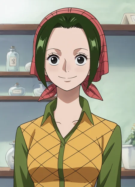 <lora:Makino-One_Piece:0.8>,makino,1girl,solo,short hair,green hair,black eyes,bandana,shirt,upper body,looking at viewer,indoors,smile