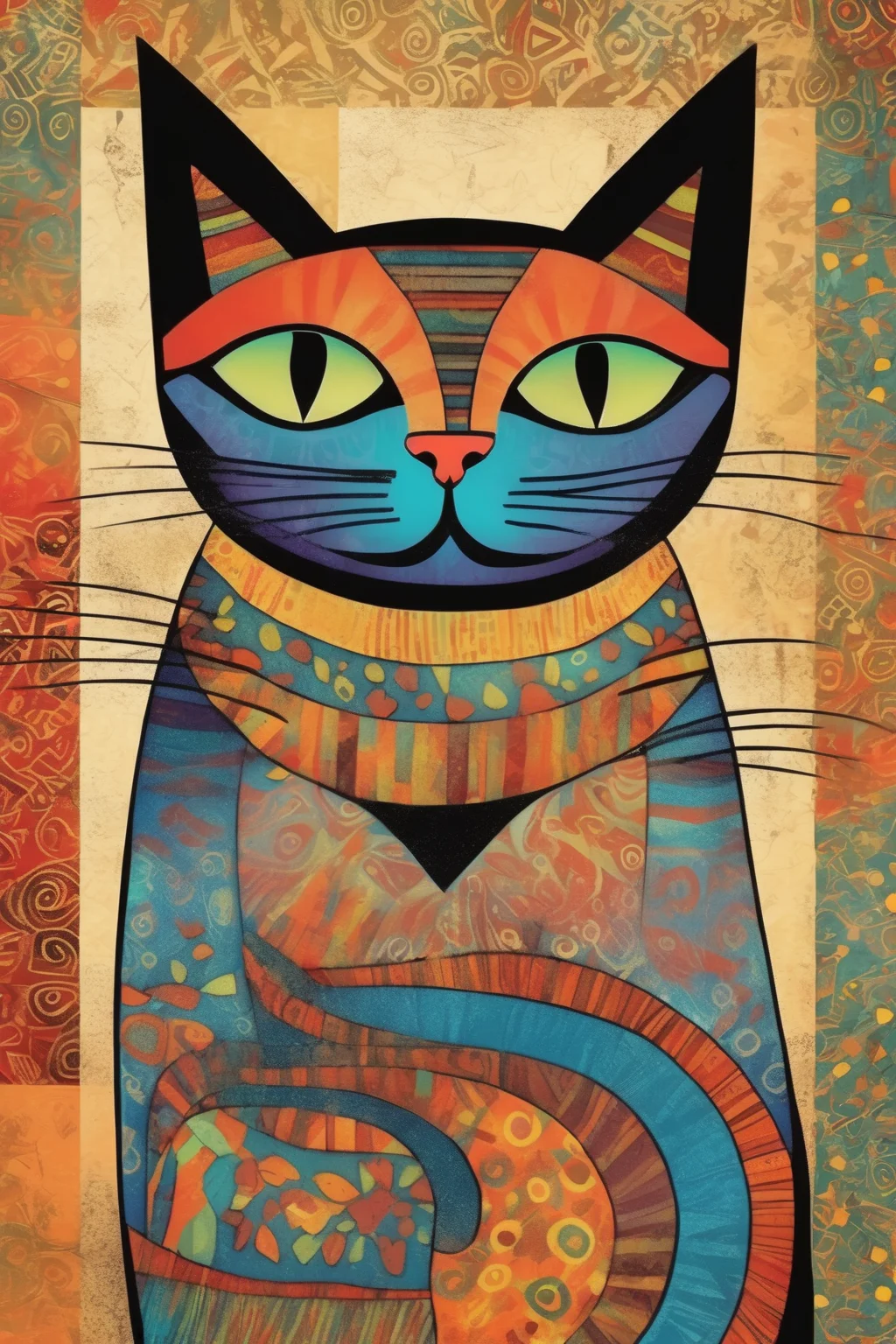 <lora:Laurel Burch Style:1>Laurel Burch Style - A stylized depiction of a cat, poster art, with a mixed media patterned background inpsired