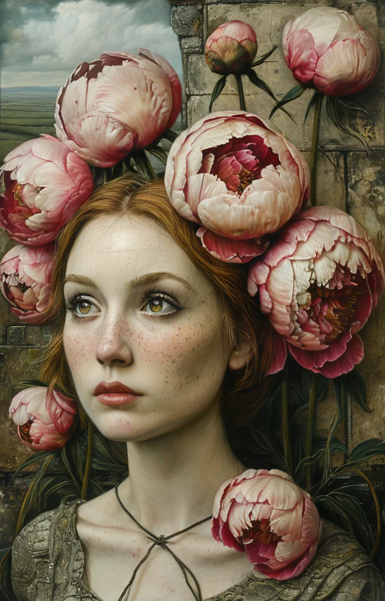 masterpiece,best quality,<lora:tbh163-sdxl:0.9>,illustration,style of Mike Worrall, decaying peonies