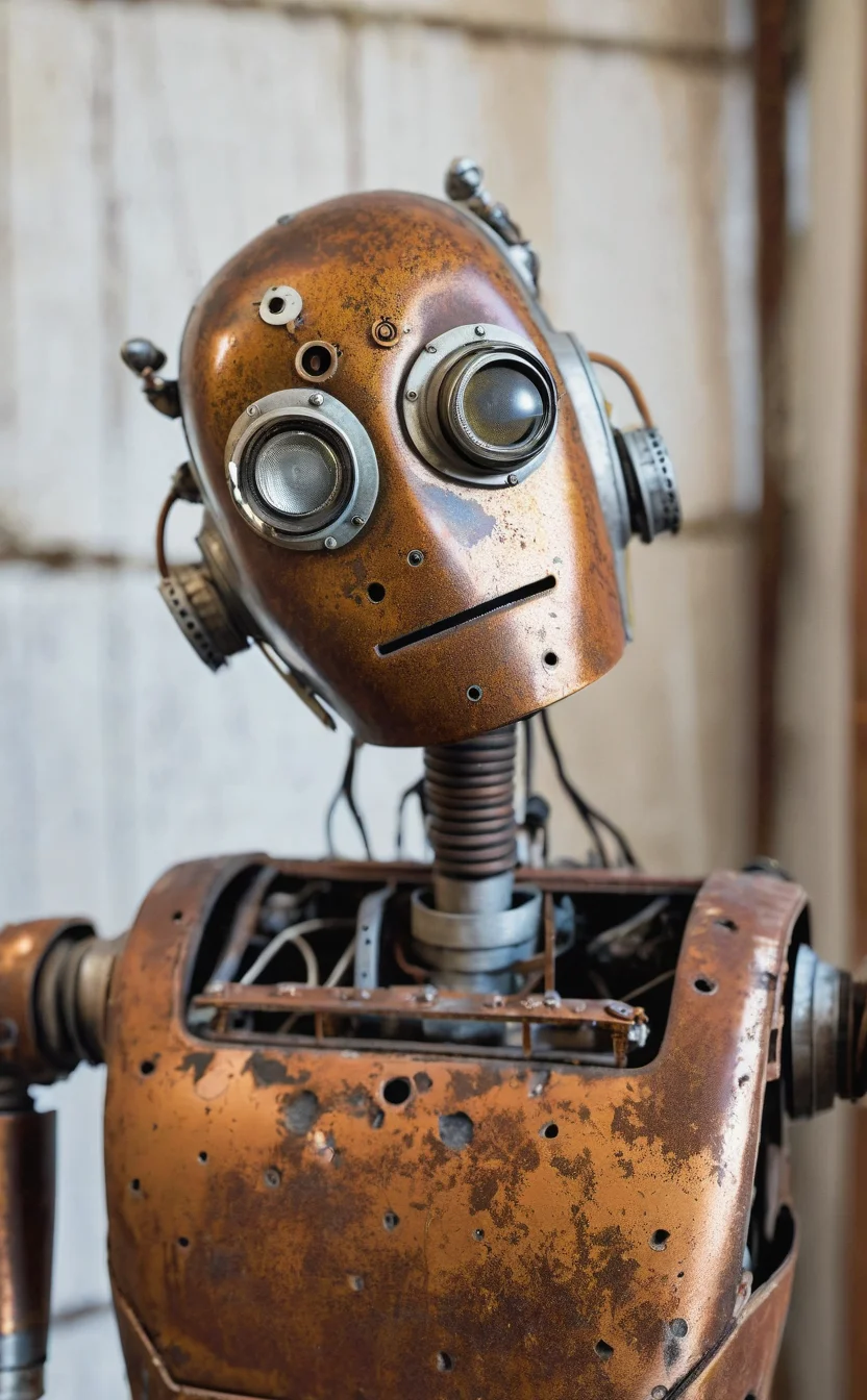1robot,upper body,looking at viewer,constructed from vintage household items,steam puffing from joints,housed in an old attic,with cobwebs and dust,detailed rust and patina,realistic,high resolution,depth of field,aesthetic.,
